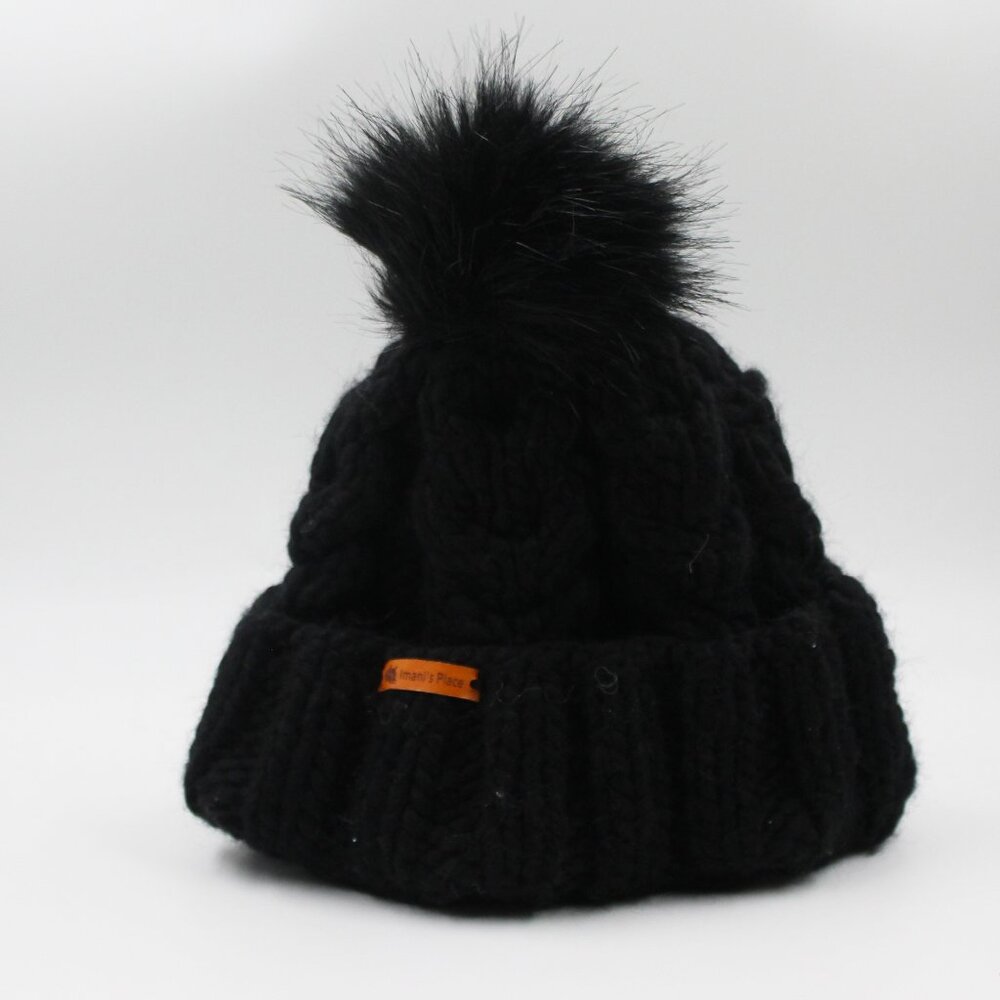 Handmade Hand Knit Chunky Cozy Cable Knit Wool Space Black Hat with a Pom Pom